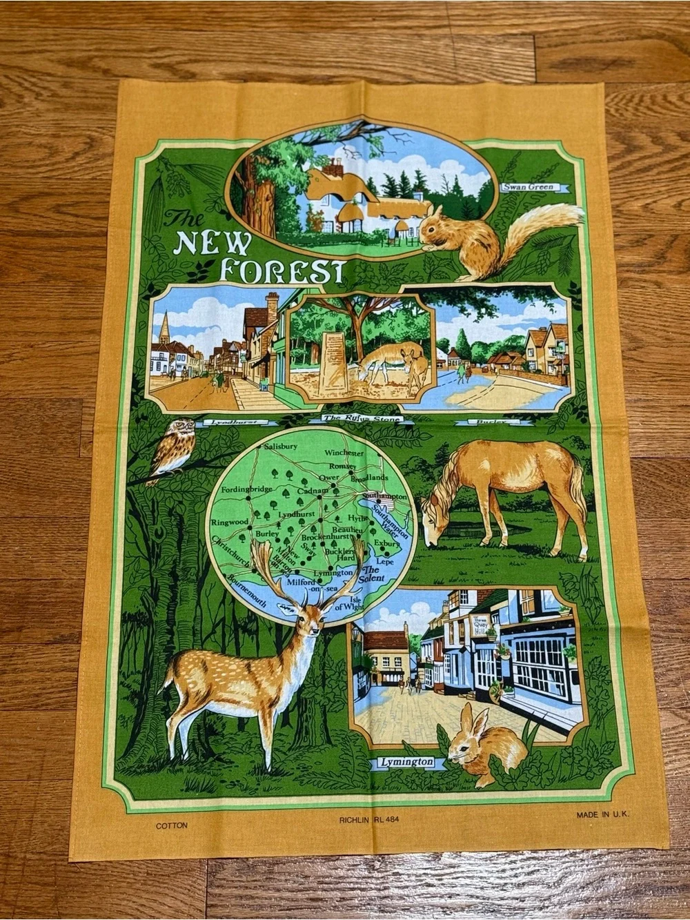 VTG New Forest Souvenir Tea Towel Richlin RL484 Cotton Map Made in UK (NWOT)